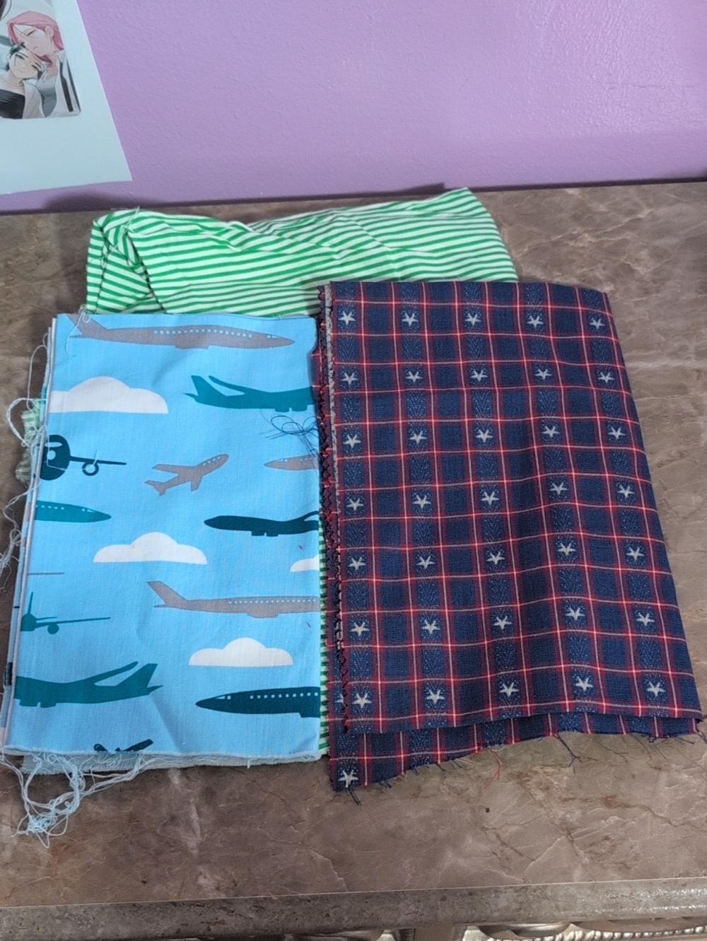 Fabric Large Pack Of 3 in Green Stripe, Sky Blue Airplane & Navy Plaid Fabrics